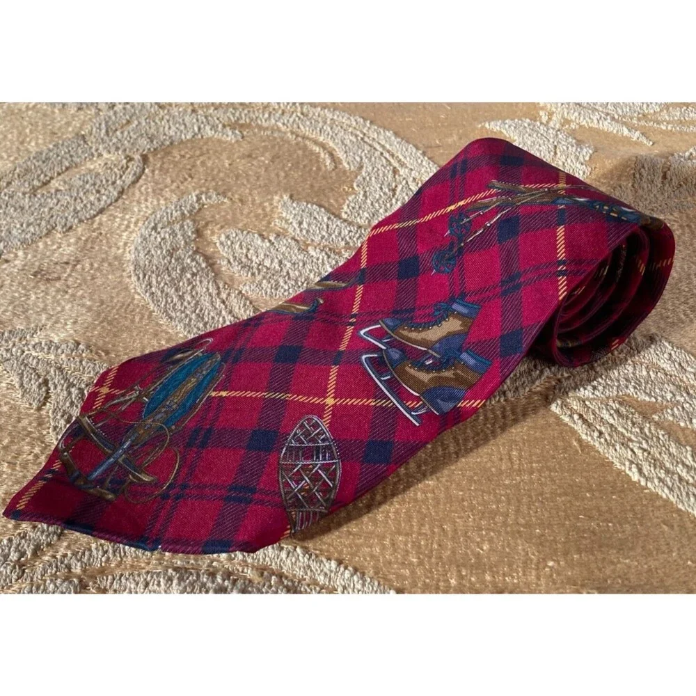 Vintage 90s Necktie 1990s Winter Sport Theme Silk Tommy Hilfiger Holiday Tie